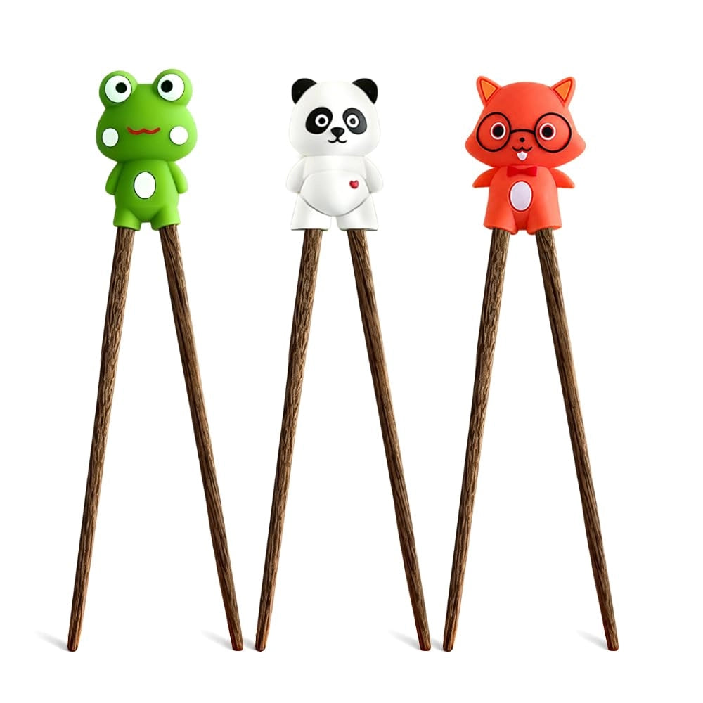 Kinder-Esstäbchen: 3 paia, con motivi animali, bacchette da allenamento, silicone e legno