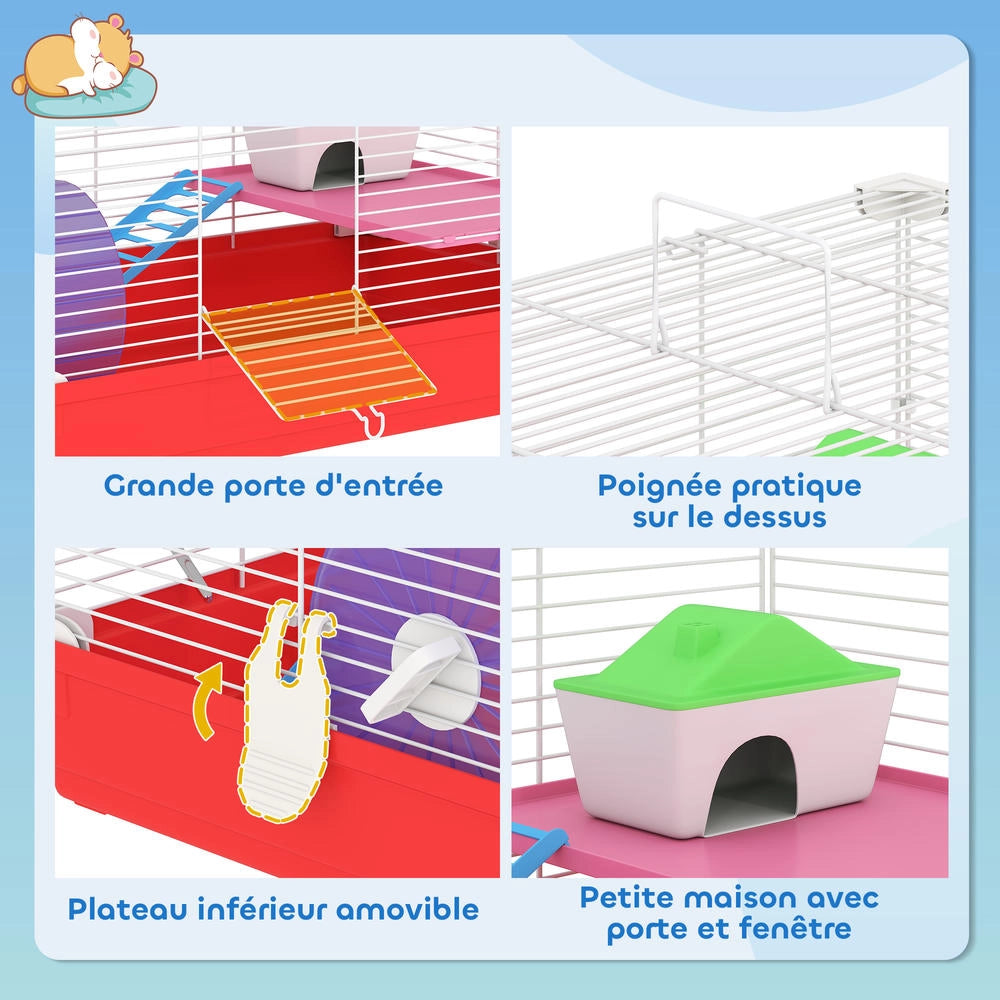 Gabbia per Criceti e Roditori a 2 Livelli con Casetta Ruota e Fondo Rimovibile Facile da Pulire 47 x 30 x 27 cm Bianco