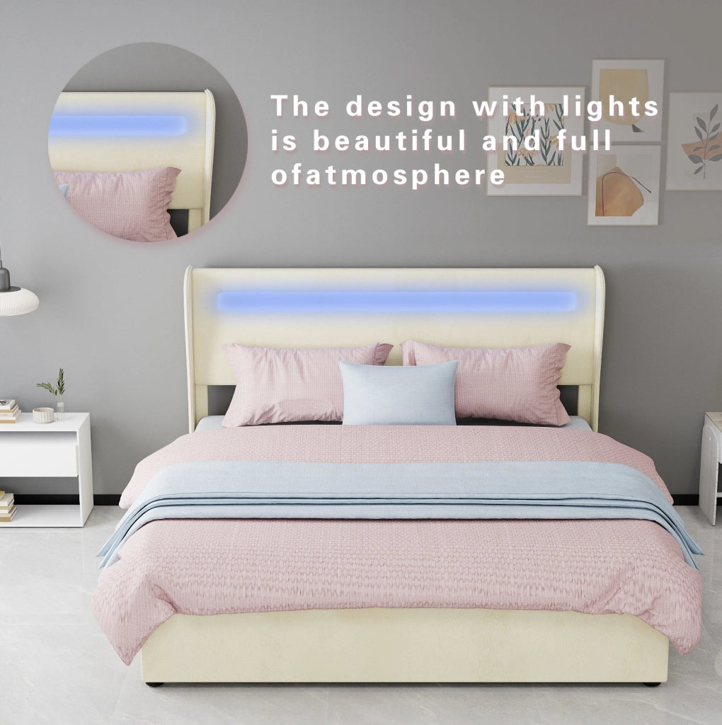 Letto imbottito moderno 160x200 cm con testiera LED integrata beige e base contenitore con meccanismo a gas