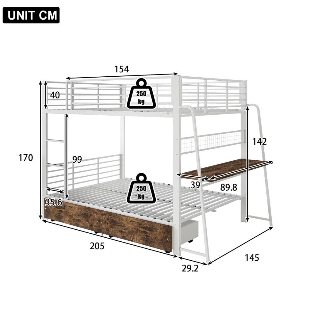Letto a soppalco 140 x 200 cm con scrivania, cassetti e illuminazione LED, bianco opaco e noce