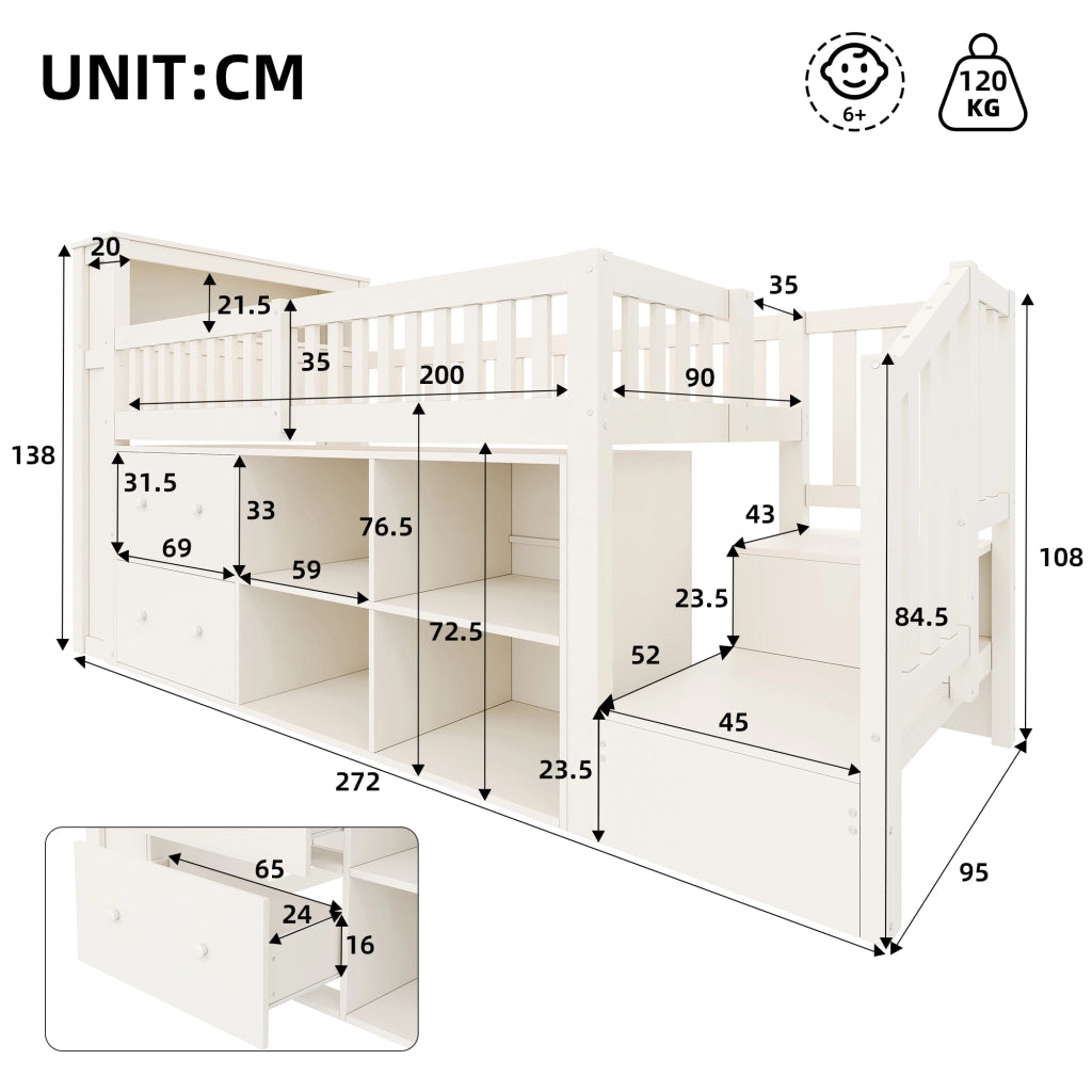 Letto a soppalco 90 × 200 cm con scala contenitore LED USB e USB C in legno di pino e MDF bianco