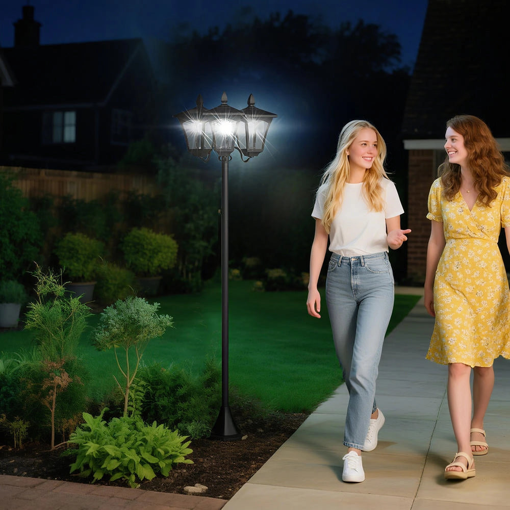 Lampione solare da giardino a 3 luci in acciaio inox LED 120 lumen IP44 palo per esterni 51,5x47x182,5cm nero