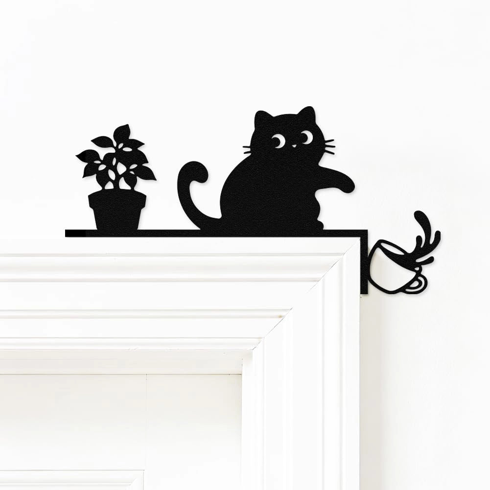 Blocco per porta a forma di gatto, in metallo opaco nero, dimensioni 30x15 cm, con silhouette giocosa di un gatto