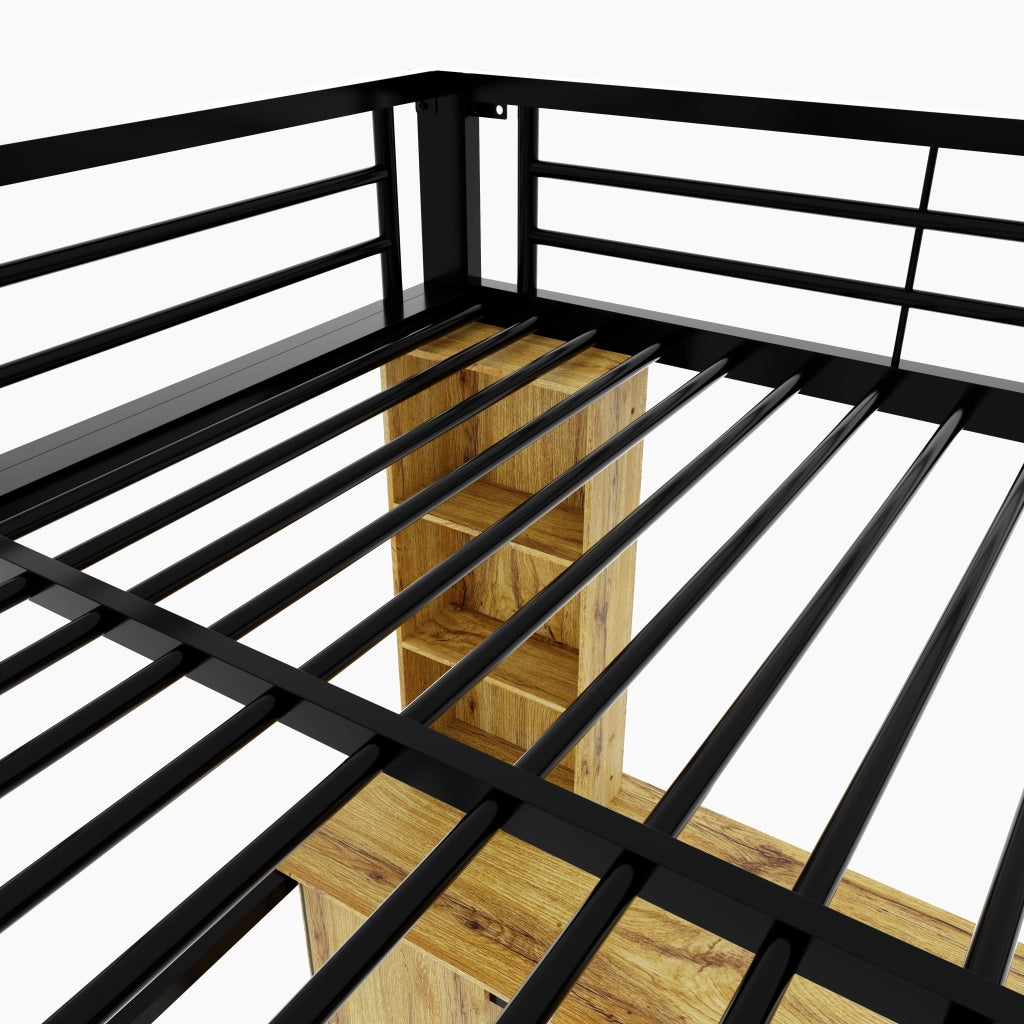 Letto a soppalco 140 × 200 cm con scrivania ripiani armadio scala contenitore metallo e MDF nero con porta USB