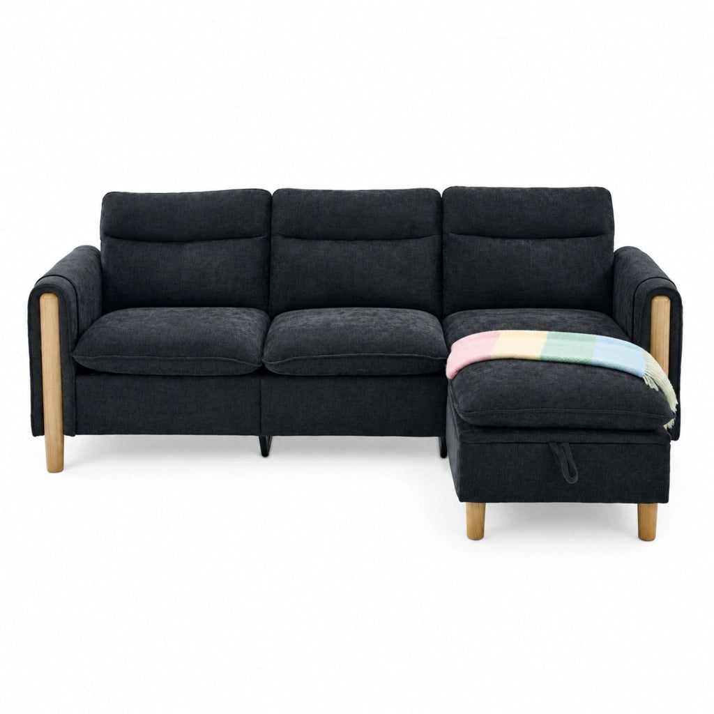 DIVANO 3 posti a L con pouf contenitore 201x77x86 cm in ciniglia nera