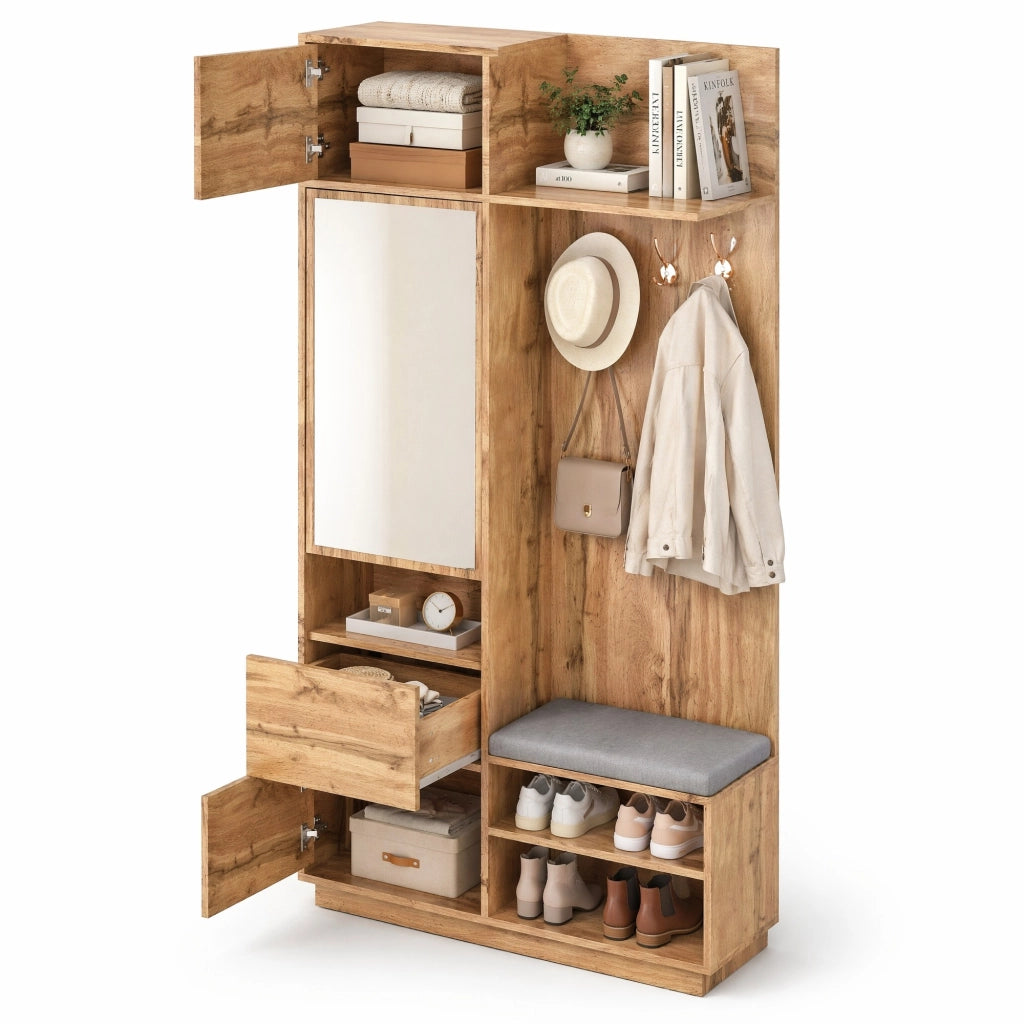 Mobile ingresso 90x34,5x190 cm naturale in MDF, specchio e panca