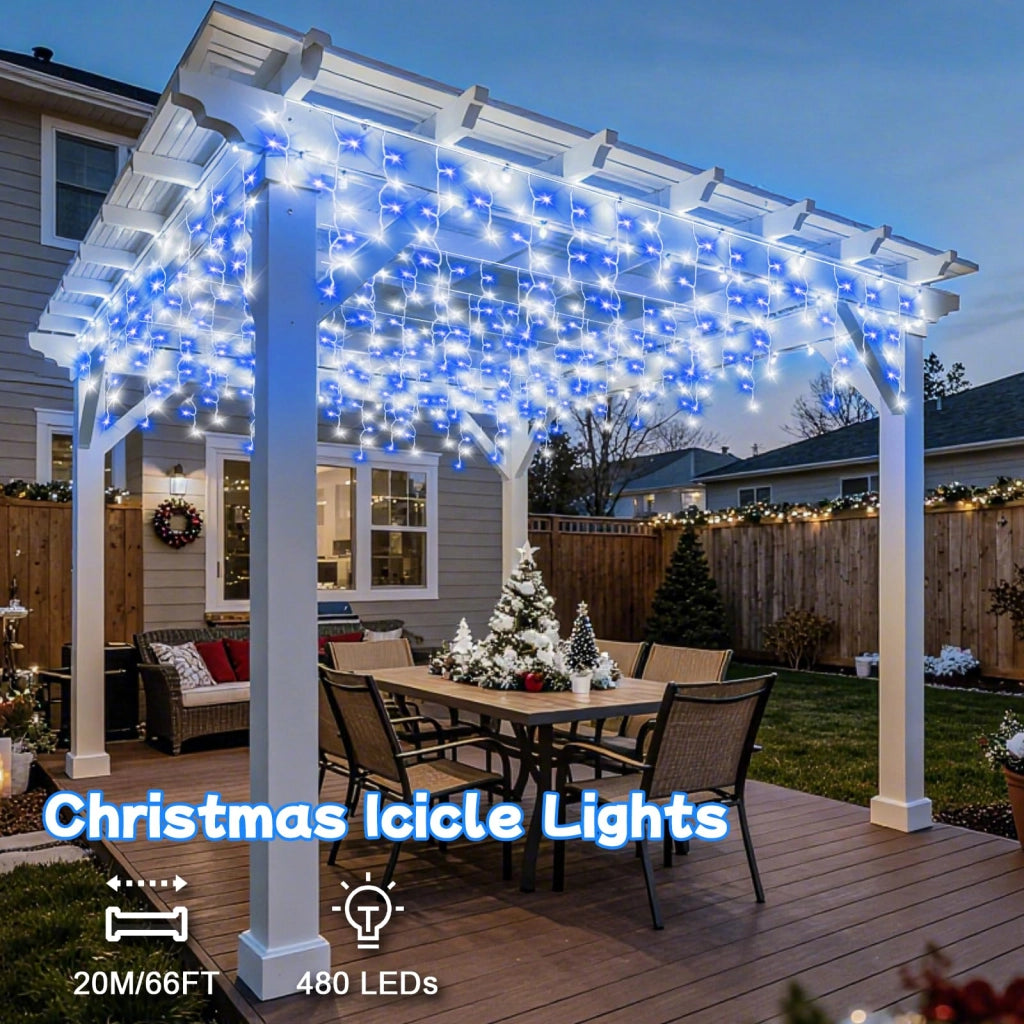 Catena luminosa effetto neve, 20 metri, 480 LED, blu/bianco, con timer, impermeabile