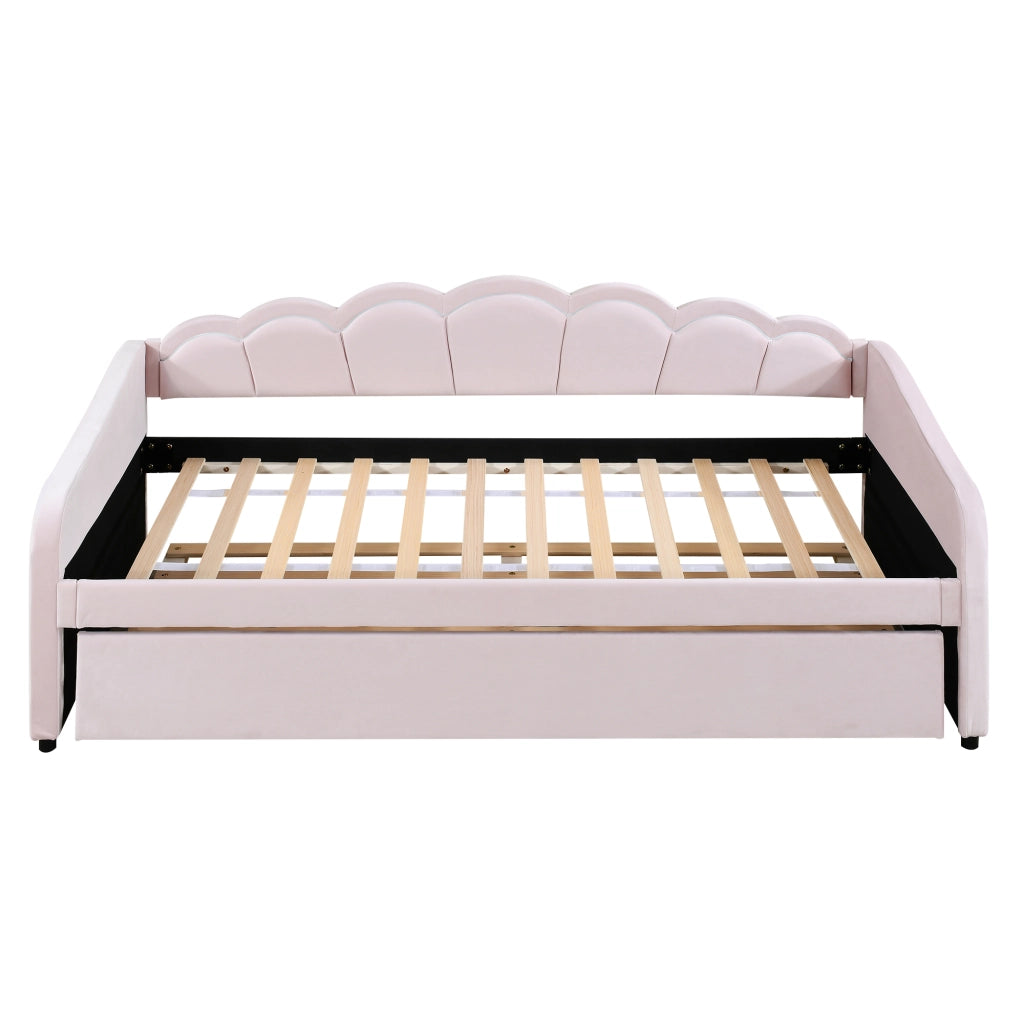 Divano letto singolo 90x200 cm con letto estraibile; struttura in MDF; velluto rosa e LED con telecomando