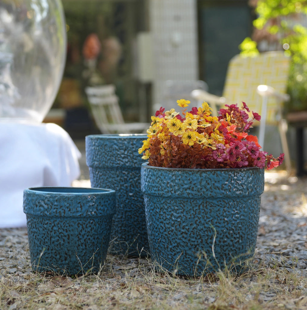 Vaso per piante in ceramica 49x49x45;5 cm con foro di drenaggio; blu anticato
