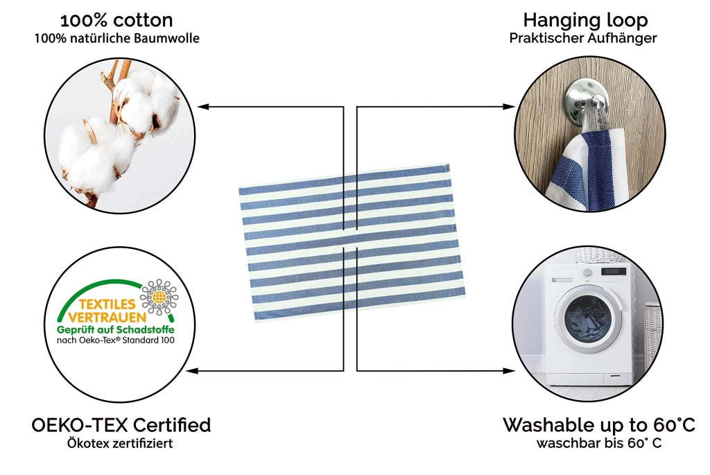 Set di 5 strofinacci da cucina, 50x70 cm, a righe blu e bianche, 100% cotone