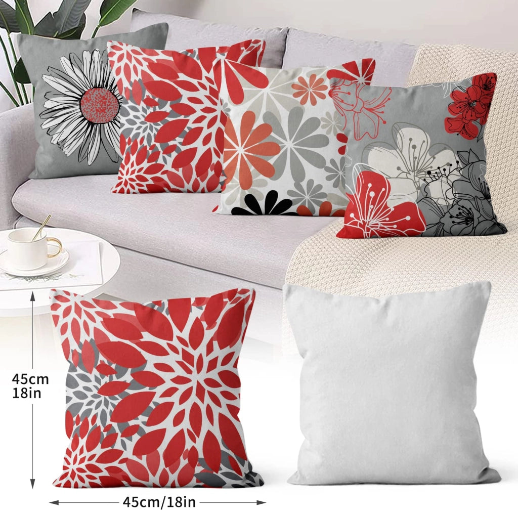 Coperte per cuscini, 45x45 cm, set da 4, motivo floreale rosso e grigio, in lino
