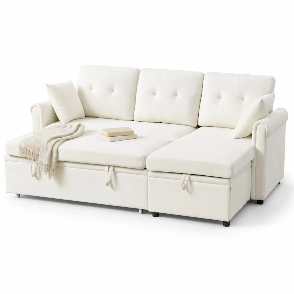 Divano angolare beige in ciniglia con letto e vano contenitore