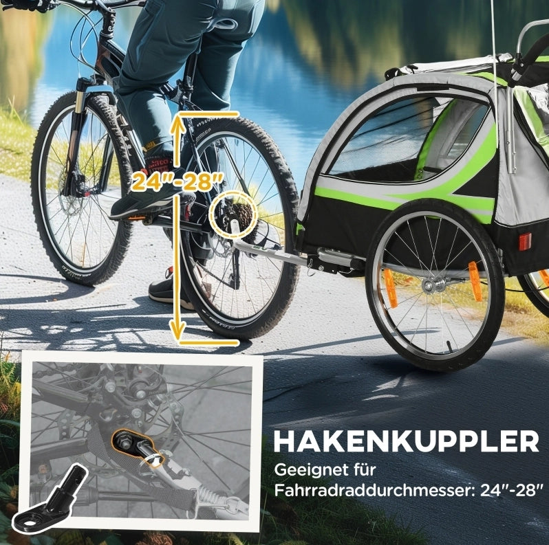 RIMORCHIO per bicicletta 2 in 1 per 2 bambini 142x75x101 cm verde