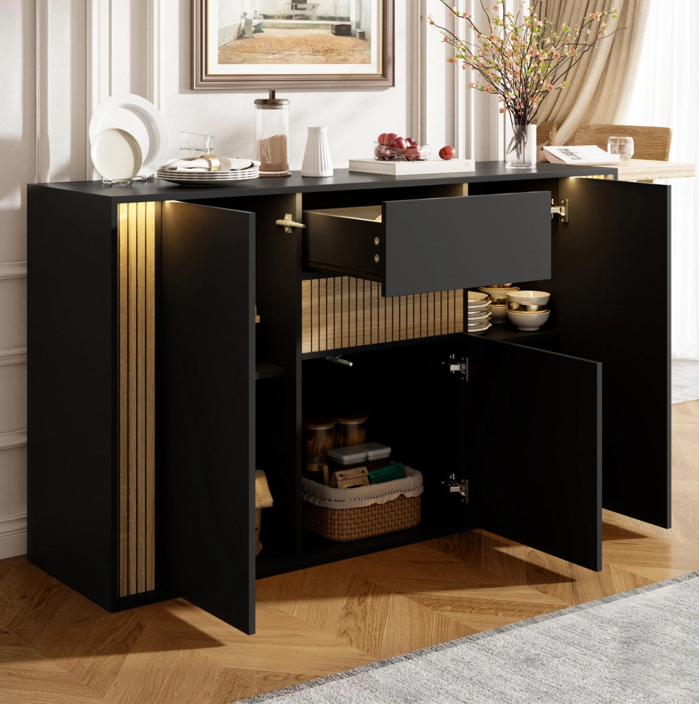 Credenza nera e naturale con 3 ante, cassetto e illuminazione LED, 140 x 40 x 82 cm