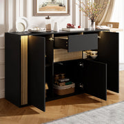 Credenza nera e naturale con 3 ante, cassetto e illuminazione LED, 140 x 40 x 82 cm