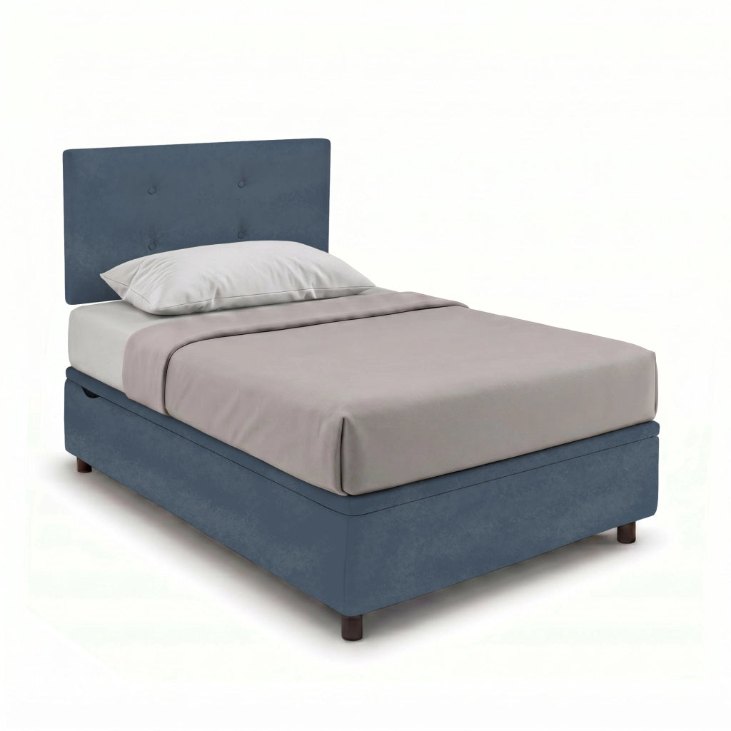 Letto Singolo Contenitore Imbottito 80x200 cm Microfibra Blu BoxMax Testata Button
