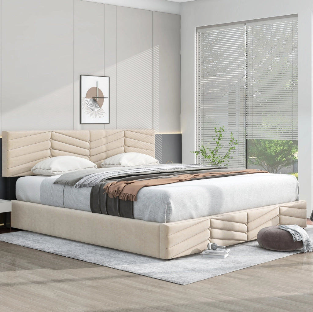 Letto matrimoniale imbottito in velluto beige 160x200 cm con contenitore idraulico e testiera regolabile