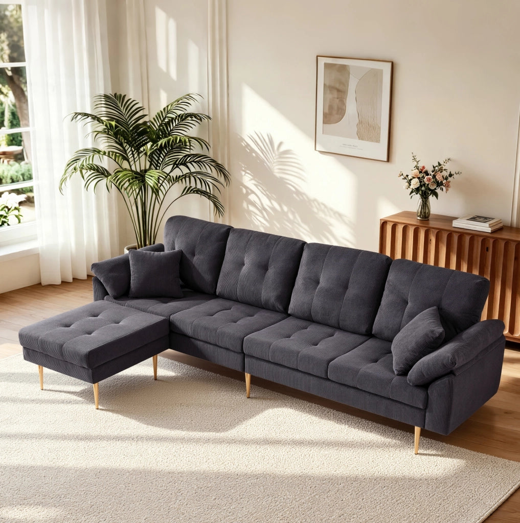 Divano 4 posti in velluto a coste grigio scuro con pouf mobile, 250 cm