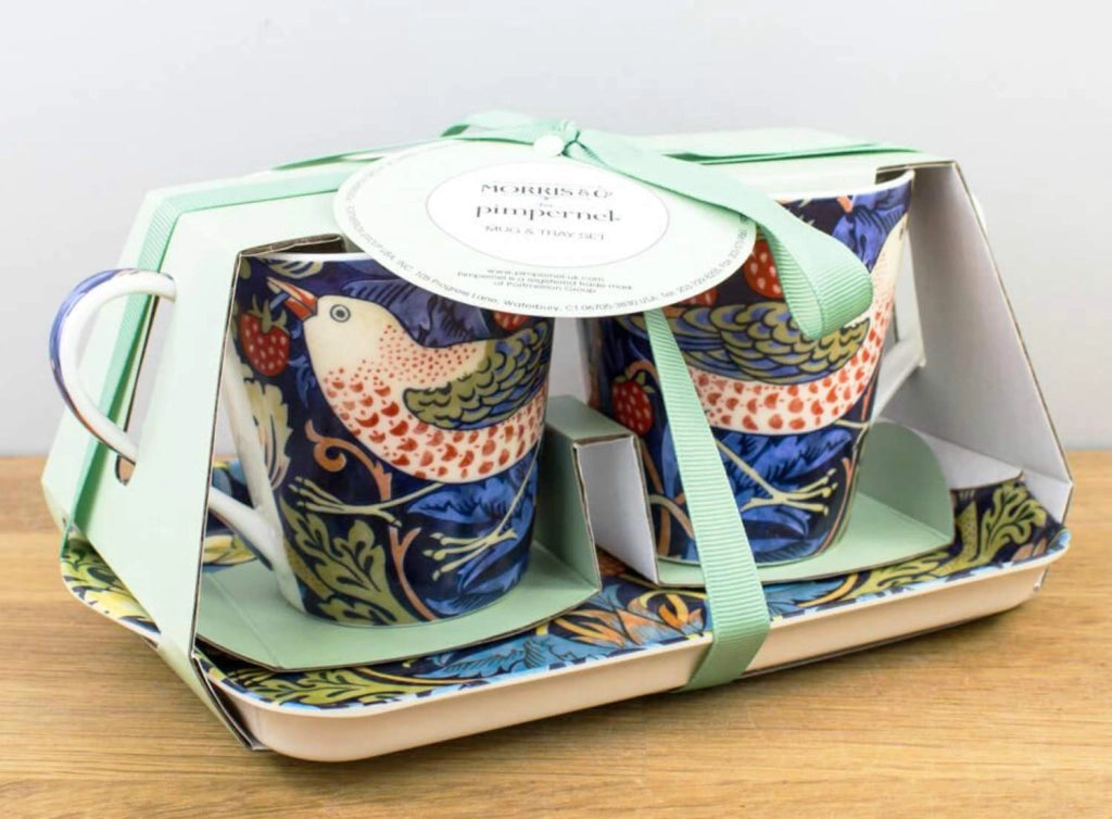 Set Mok & Tablett "Strawberry Thief" blu, composto da 3 pezzi
