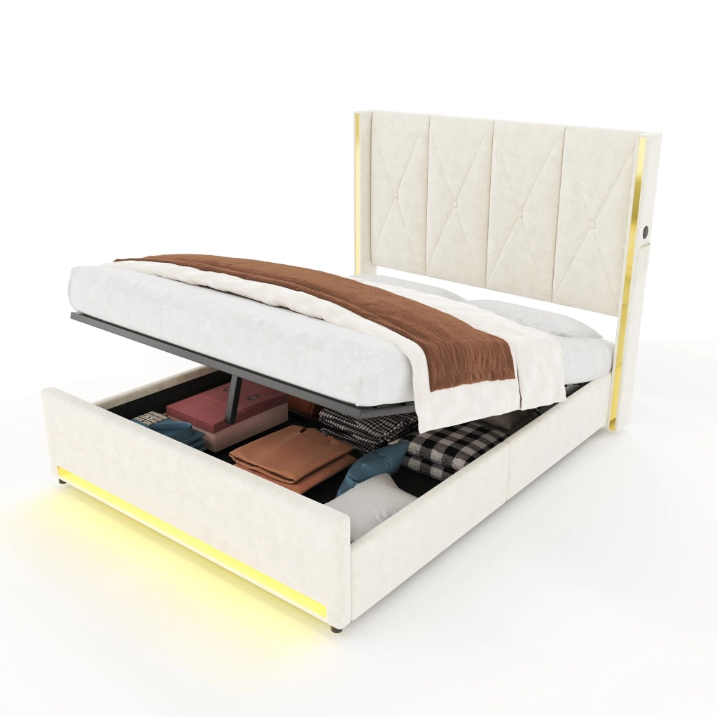 Letto contenitore matrimoniale 160x200 cm; con sollevamento idraulico; porte USB e Type-C; luce LED; in velluto beige; senza materasso