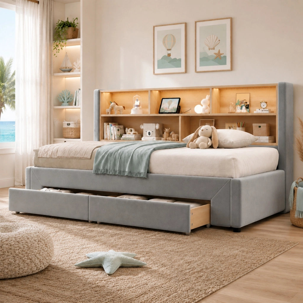 Letto singolo estraibile 90 × 200 cm estensibile a 180 × 200 cm con 2 cassetti USB Type-C LED velluto grigio