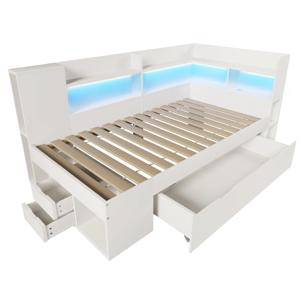 Letto singolo 90x200 cm in legno bianco con LED, USB e Type-C, contenitore e ripiani