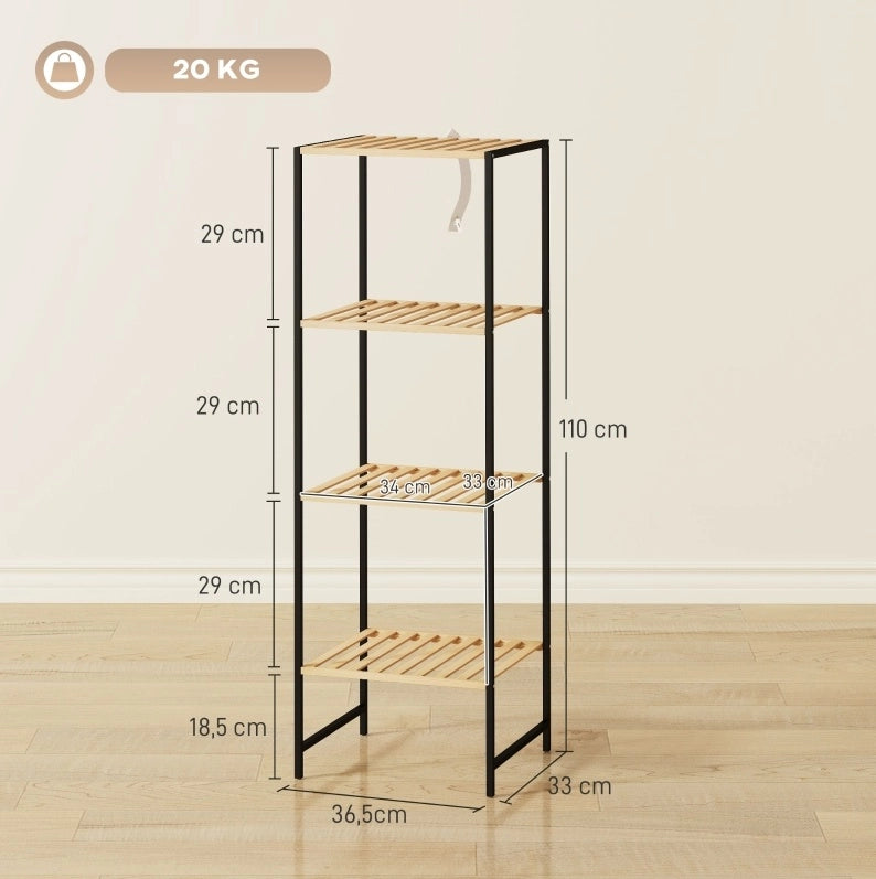 Scaffale a 4 ripiani in bambù e acciaio 36,5 × 33 × 110 cm