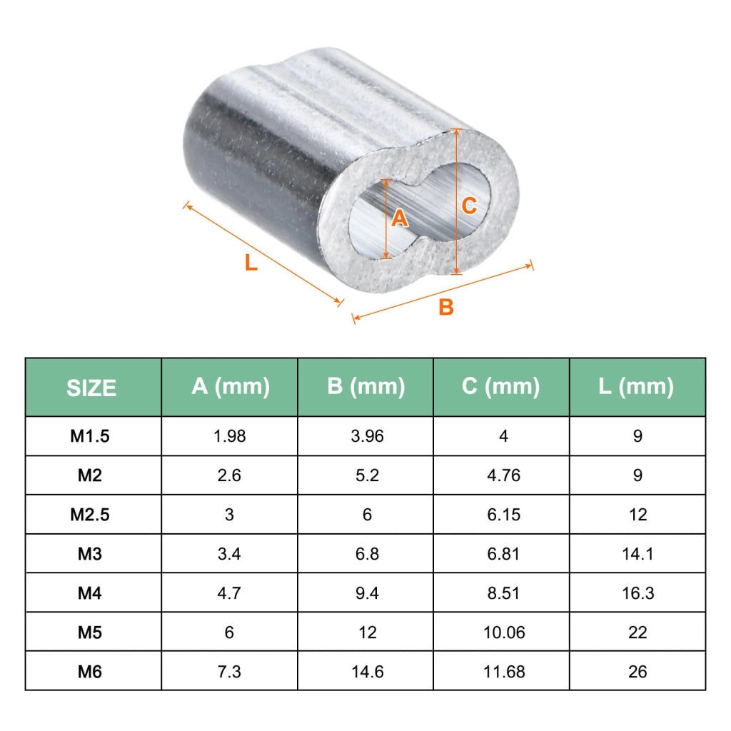 Confezione da 100 morsetti in alluminio da 3 mm per cavi metallici