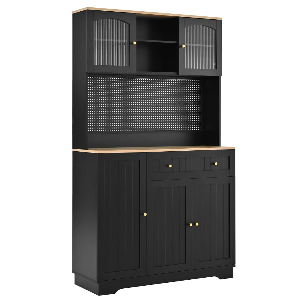 Credenza alta nera con vetrina, ripiani regolabili e pannello forato, 103,5 x 40 x 180 cm