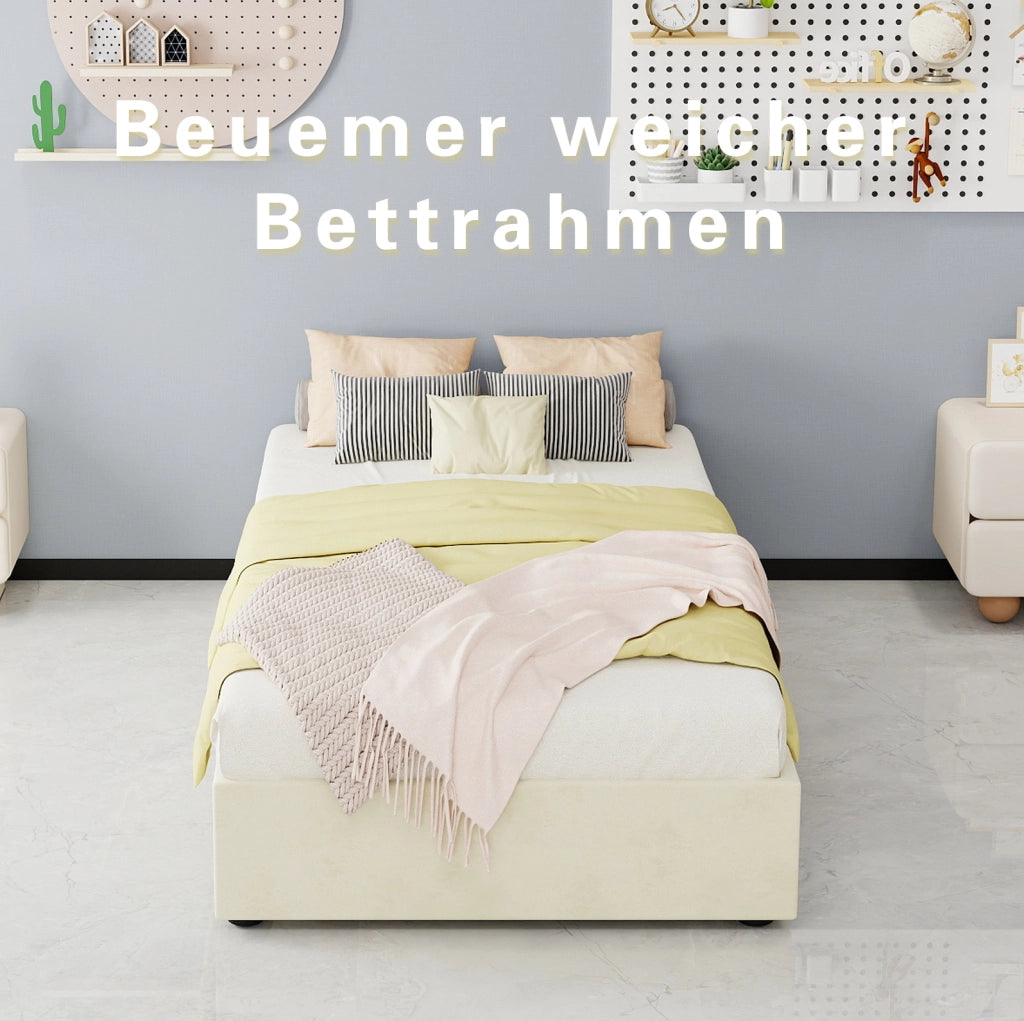 Letto singolo 90x200 cm con contenitore a sollevamento pneumatico; tessuto beige e metallo