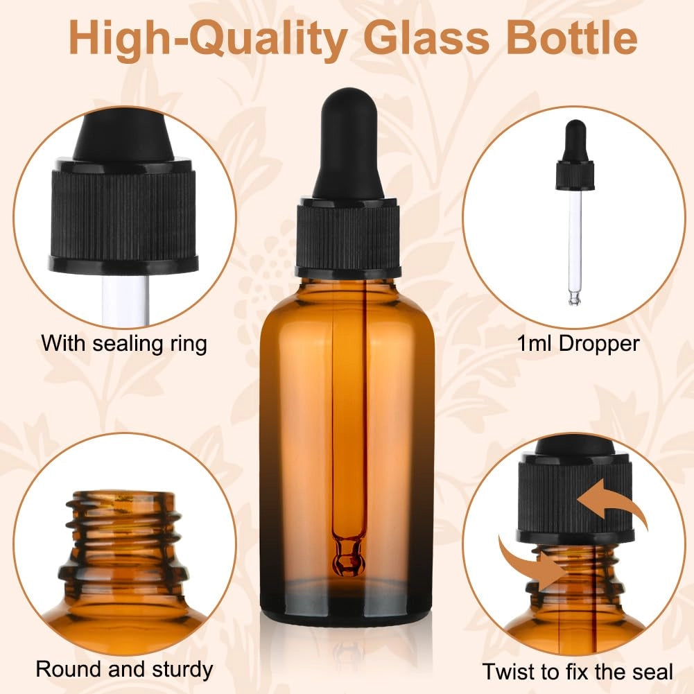 Set da 6 flaconi di vetro marrone da 30 ml, con contagocce e imbuto