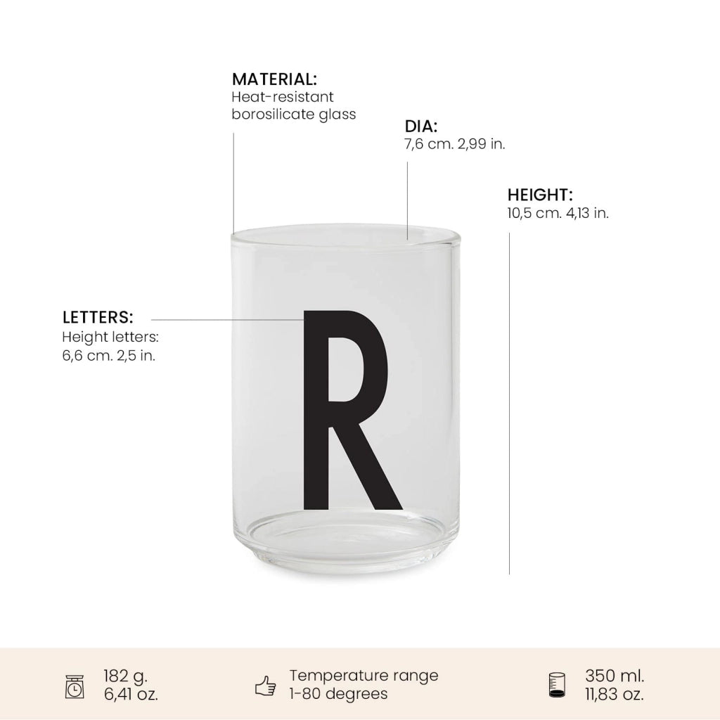 Bicchiere con stampa di lettere, capacità 350 ml, realizzato in vetro borosilicato, adatto al lavaggio in lavastoviglie