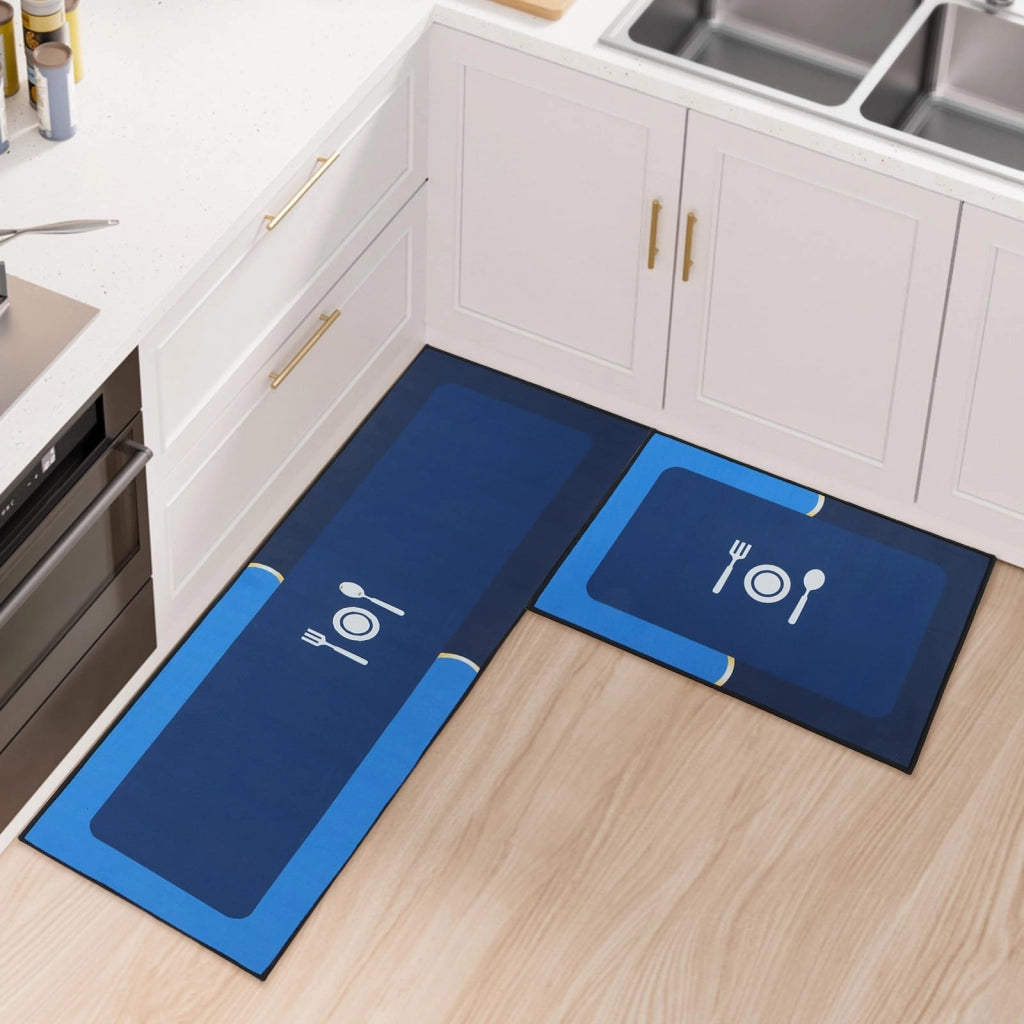 Set di tovagliette da cucina, 2 pezzi, antiscivolo, lavabili, dimensioni 43x75 cm e 43x120 cm, colore blu