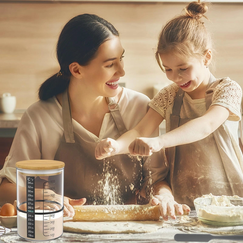 Kit per lievito madre, 900 ml, contenitore in vetro con coperchio in legno, spatola, termometro