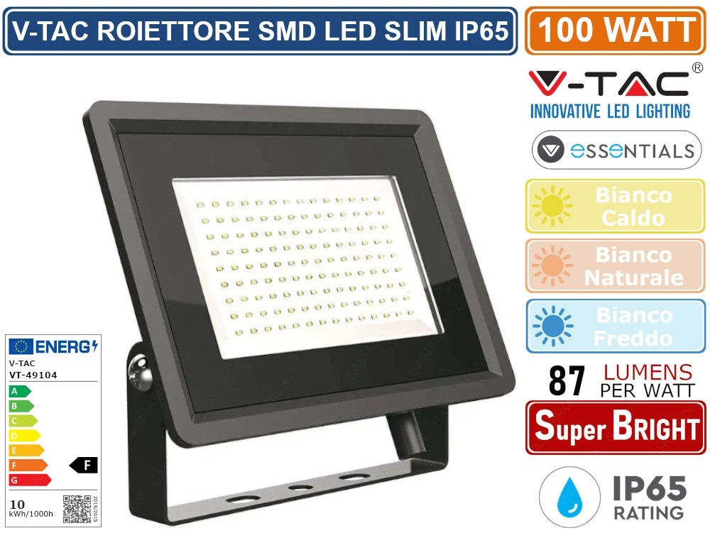 V-TAC VT-49104-B ESSENTIALS SERIES FARO LED SMD 100W ULTRA SOTTILE DA ESTERNO COLORE NERO - Colore Luce:Bianco Caldo