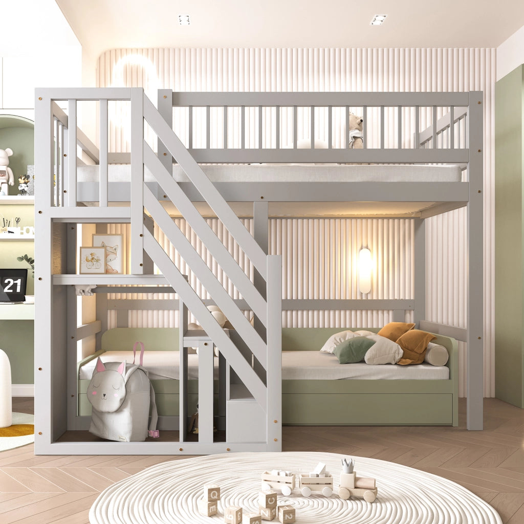 Letti a soppalco per bambini 90x200 cm con scala, armadio e rete a doghe in pino bianco e grigio, senza materasso