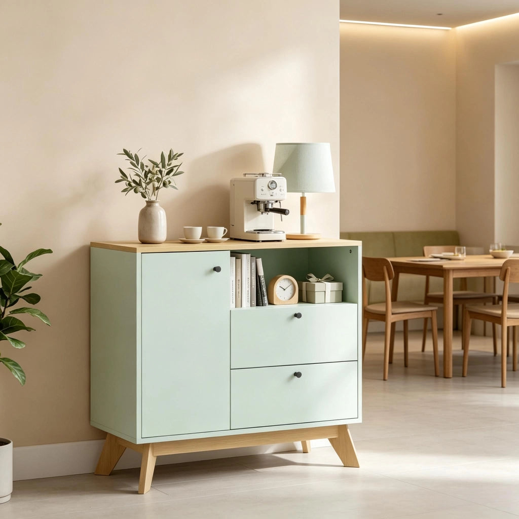 Credenza 80 × 35 × 76,3 cm con un'anta due cassetti vano aperto ripiano regolabile in MDF verde chiaro e rovere