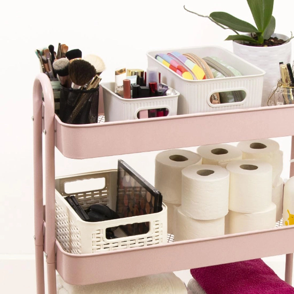 Carrello metallico, con 3 ripiani, dimensioni 71,2 x 61 x 29 cm, dotato di ruote con freno, colore rosa