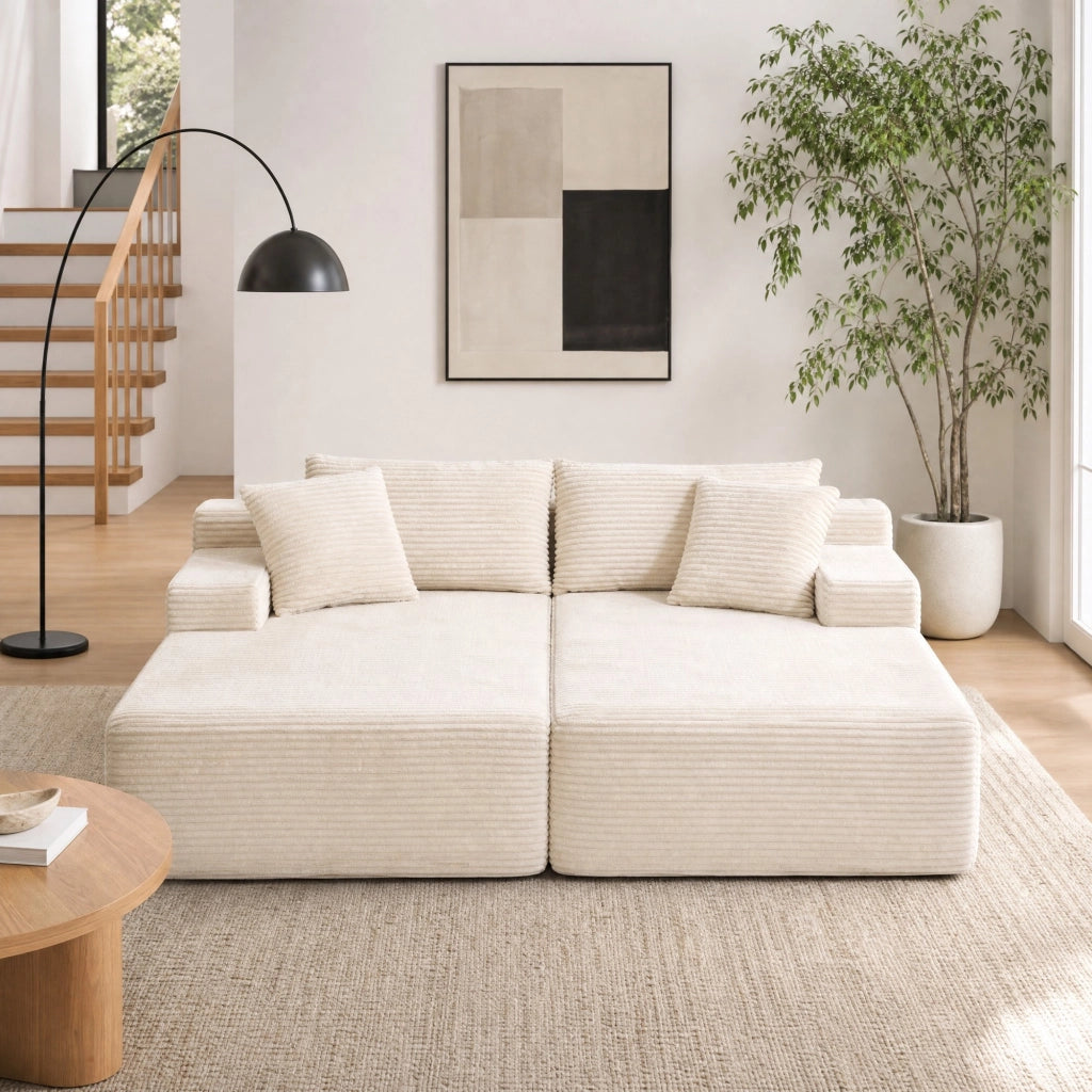 Divano con chaise longue e cuscino; pronto all'uso; imbottitura a rapido recupero; in ciniglia color avorio