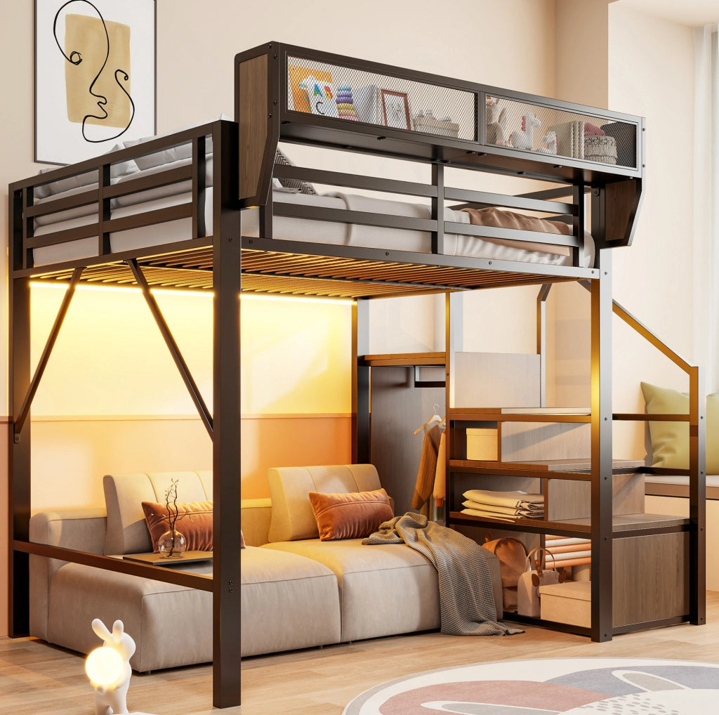 Letto a soppalco 140 × 200 cm con LED multicolore; scala e ripiano regolabile; metallo nero