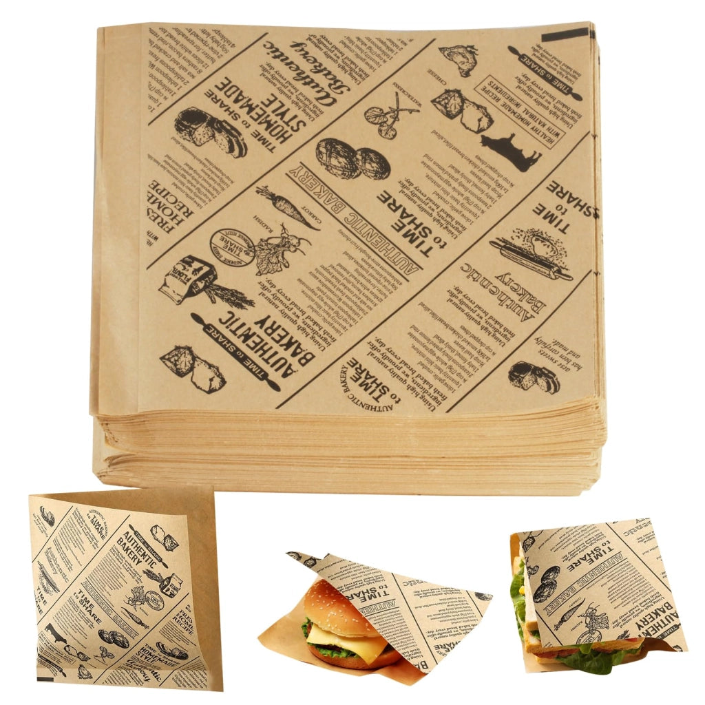 200 sacchetti di carta per hamburger, 15x15 cm, impermeabili ai grassi, con design simile a quello di un giornale