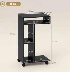 Carrello da servire a forma di C con 4 ruote e 3 ripiani, 40x30x69 cm, nero