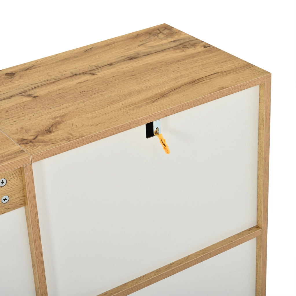 Credenza moderna a 3 ante bianca e color legno naturale, 140 x 35 x 71 cm