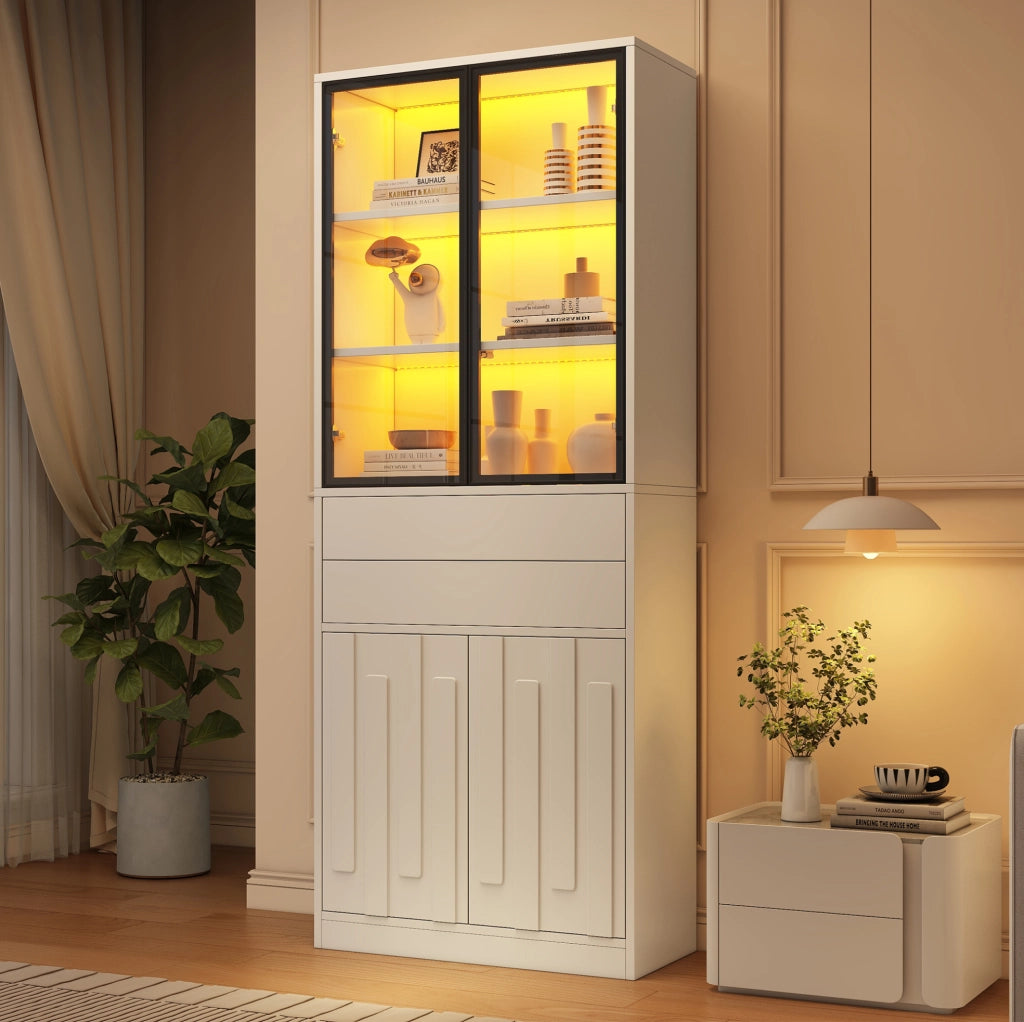 Vetrina alta 70x34x180 cm con LED Bluetooth; 4 ante e 2 cassetti in truciolare bianco