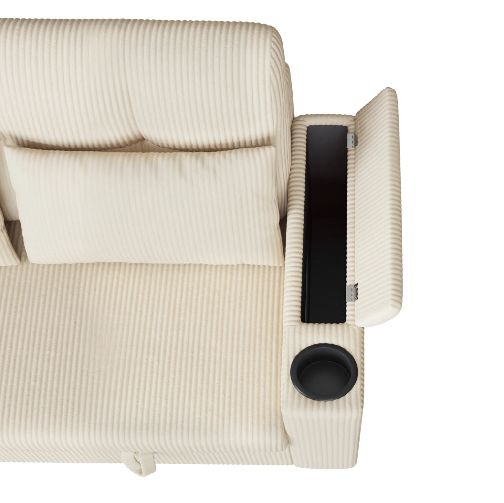 Divano 2 posti beige in velluto a coste con vani contenitore e porte USB e Type-C