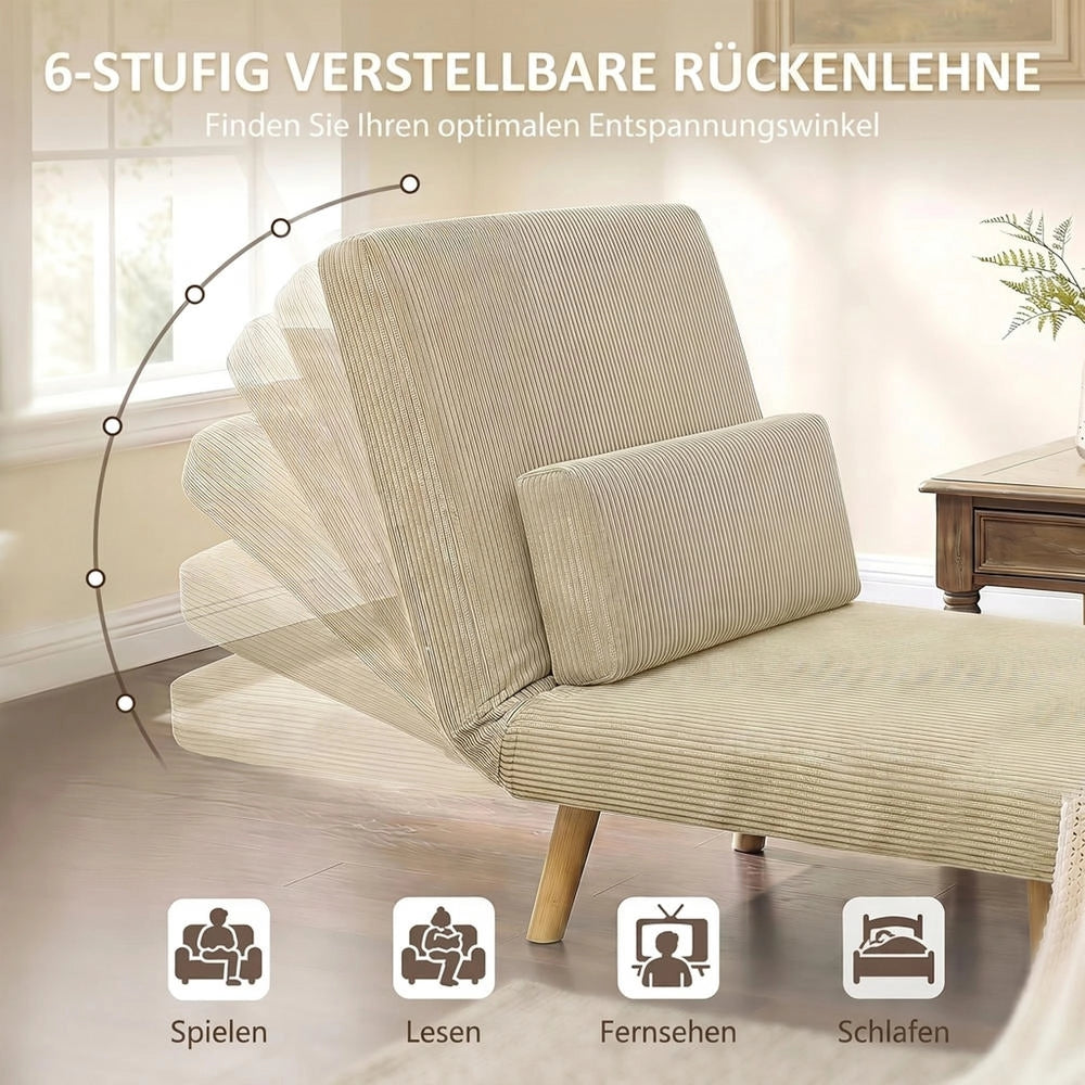 Poltrona letto singola 3 in 1 beige 90x190 cm, divano letto salvaspazio con schienale regolabile a 6 posizioni per casa