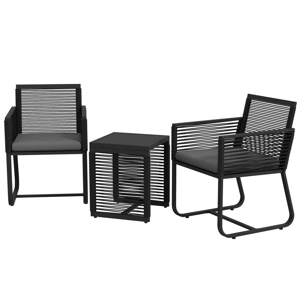 Set Bistro da Giardino 3 Pezzi in Rattan con Tavolino in Vetro e Cuscini, per Balcone e Terrazzo Resistente, 53 cm x 57 cm x 77 cm, Nero e Grigio