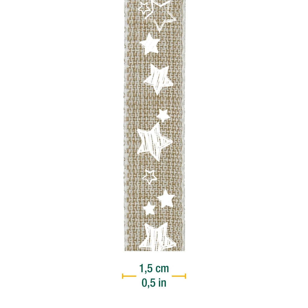 Nastro decorativo con stelle, 15 mm x 15 metri, cotone/bianco