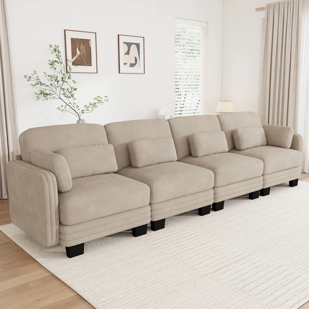 Divano modulare 330x88x88 cm con cuscini lombari e per braccioli in ciniglia color caffè chiaro