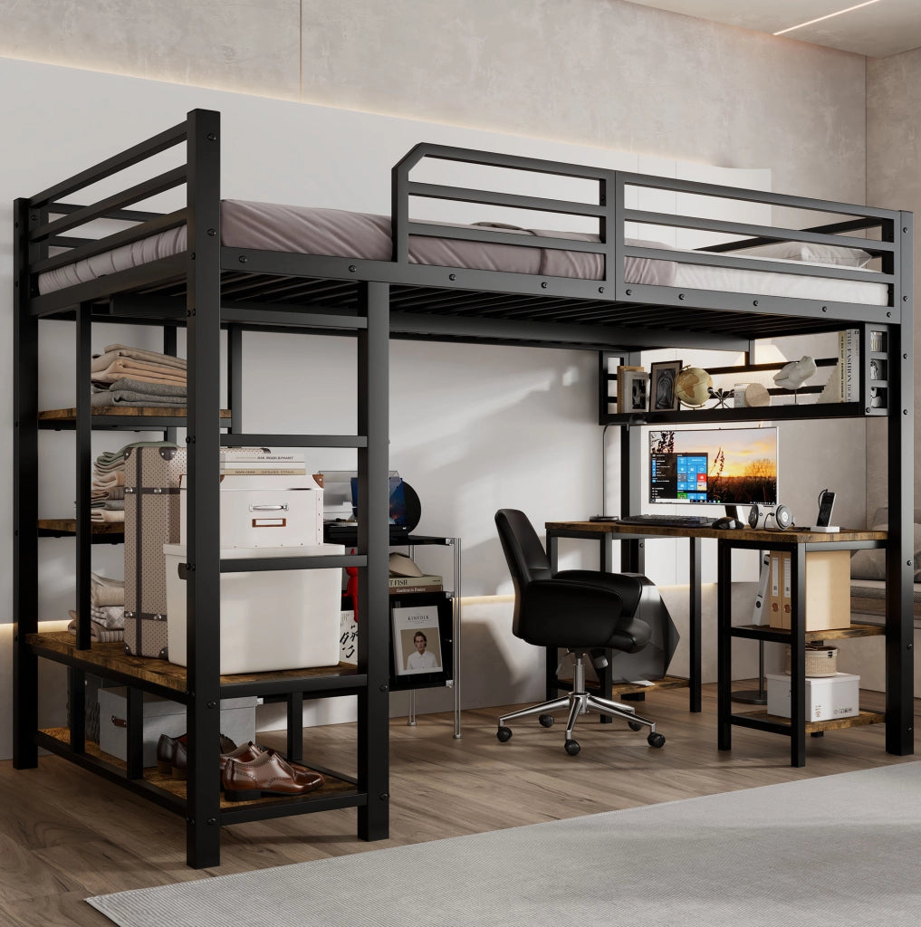 Letto a soppalco 120x200 cm con scrivania e ripiano in metallo e truciolare; nero noce scuro